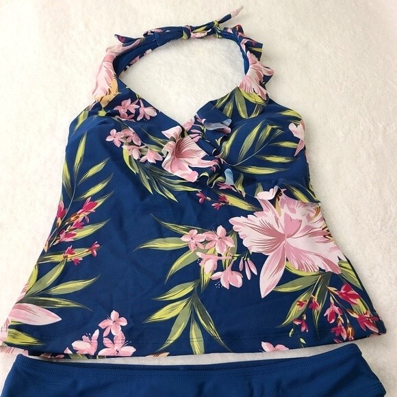 Cupshe Blue Ruffle Tankini Set NWT Tank Top and Bikini Swimsuit  Sz Small - Picture 3 of 16